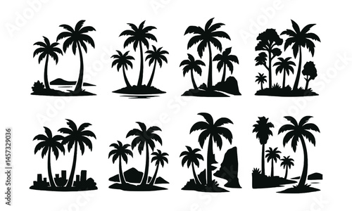 Tropical palm tree silhouettes set – island, sunset, oasis, tropical, coastline, resort. Vector icons set