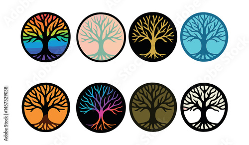 Vibrant tree silhouettes icons set – rainbow, sunset, gold, jewel, pastel, earthy, neon. Vector icons set