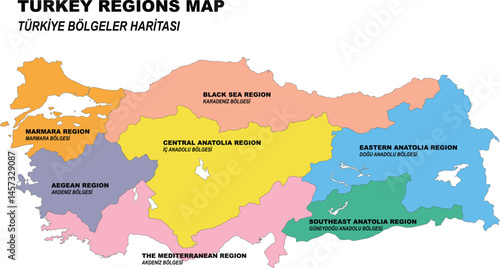 Türkiye map, 7 regions detailed drawn Turkey map white vector background. Türkiye Regions Map. Central Anatolia, Black Sea, Eastern Anatolia, Aegean, Southeastern Anatolia, Marmara, Mediterranean