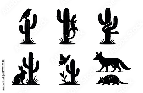 Desert wildlife icons set – cactus, lizard, snake, bird, fox, armadillo, rabbit, butterfly. Vector icons set