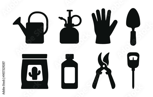 Cactus care essentials icon set – watering can, spray bottle, gloves, trowel, pruning shears, potting mix. Vector icons set