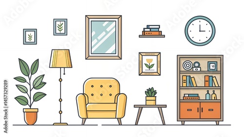 Geometric 2D vector icons of home interiors like armchair lamp plant bookshelf