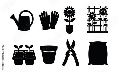 Gardening tools icons set – watering can, gloves, sunflower, trellis, seedlings, pot, pruners, soil bag. Vector icons set
