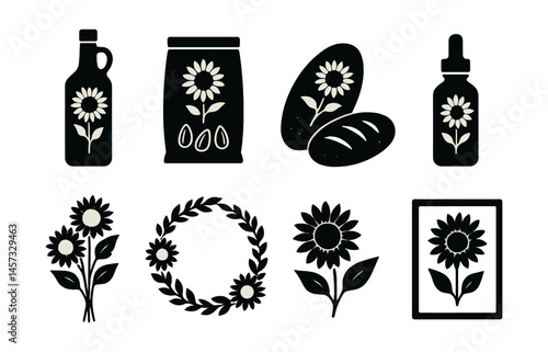 Sunflower product icons set – oil, seeds, bread, dropper, wreath, art, flower. Vector icons set