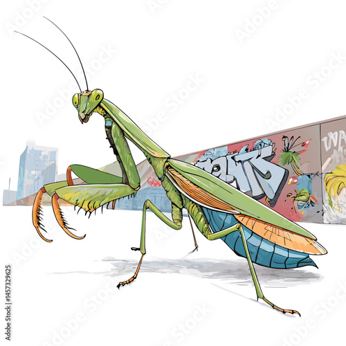 A colossal mantis, its forelegs shimmering with holographic projections, stands amidst a gritty urban street scene.  Cyberpunk aesthetic.