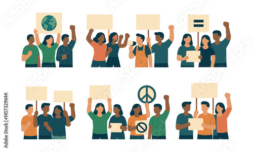 Activism icons set – protest, equality, peace, demonstration, unity, signs, human rights, change, social justice, movement. Vector icons set