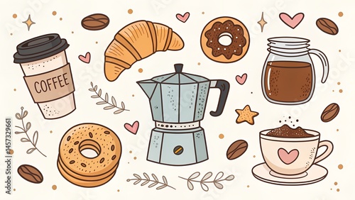 Charming 2D doodle set with takeaway cup coffee beans croissant donut moka pot mug