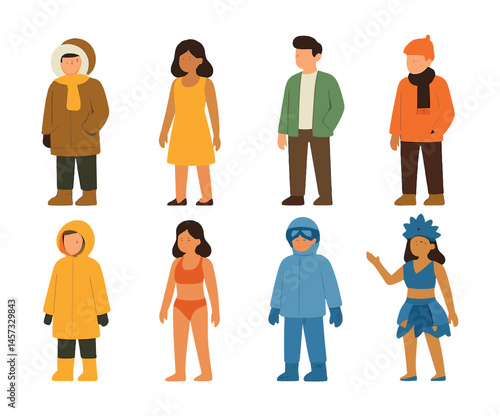 Seasonal clothing icons set – winter, summer, autumn, spring, jacket, coat, dress, boots, scarf, swimsuit. Vector icons set
