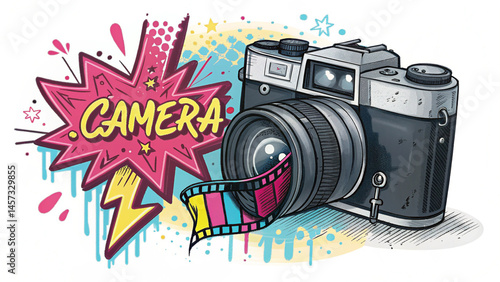 raffiti style 2D camera with film flash neon drips street lettering