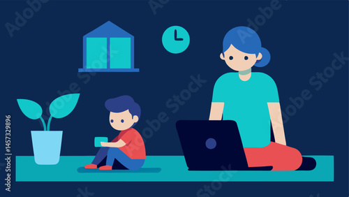 Child at Home A child playing alone at home while a parent works on a laptop illustrating the lack of affordable childcare leading to unsupervised kids.