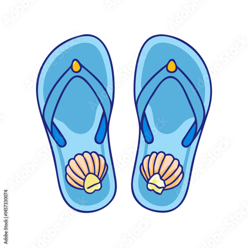 Illustration of blue flip flops with seashell design summer footwear beach vacation sandals