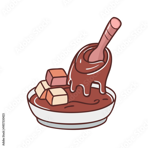 Delicious chocolate fondue with marshmallows and spoon vector illustration design element dessert