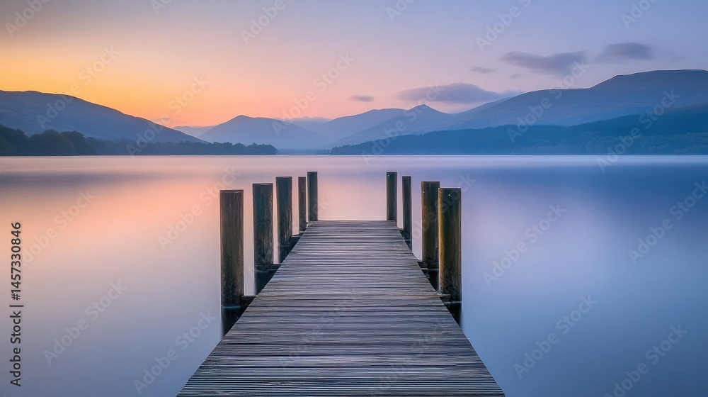 A wooden pier extends into a tranquil lake during sunrise A wooden pier extends into a tranquil lake during sunrise