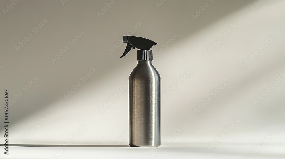 Elegant Metal Spray Bottle on Neutral Background Perfect for Cleaning Product Mockup or Branding Design Elegant Metal Spray Bottle on Neutral Background Perfect for Cleaning Product Mockup or Branding Design