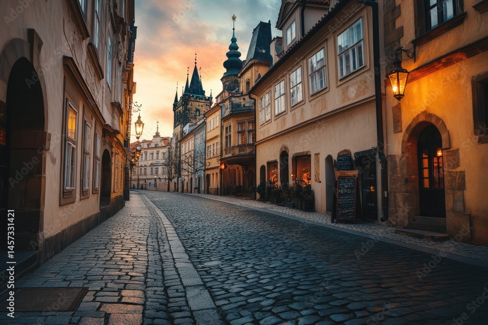 Cobblestone street at sunrise in old European city, lined with historic buildings and cafe. Warm light casts a golden hue on the buildings Cobblestone street at sunrise in old European city, lined with historic buildings and cafe. Warm light casts a golden hue on the buildings