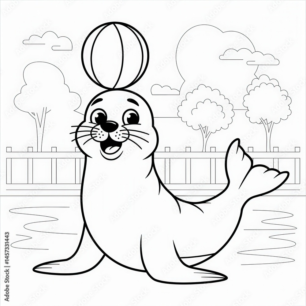 Fototapeta premium Cartoon Seal Balancing Ball Coloring Page