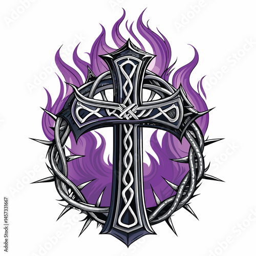A gothic cross, intricately detailed, entwined with sharp thorns and engulfed in swirling purple flames, rendered in a dark, dramatic style.