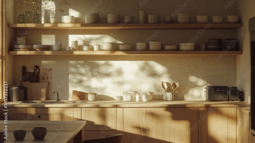 A sunlit minimalist kitchen with shelves and various utensils present A sunlit minimalist kitchen with shelves and various utensils present