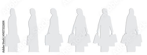 Vector concept conceptual gray paper cut silhouette of a religious woman holding shopping bags from different perspectives isolated on white. A metaphor for care, necessities, spirituality and lifesty
