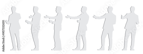 Vector concept conceptual gray paper cut silhouette of a man in a costume dancing  from different perspectives isolated on white background. A metaphor for expression, relaxation, leisure and lifestyl