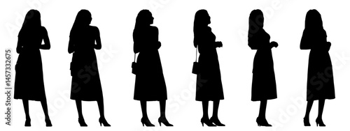 Vector concept conceptual black silhouette of a casually dressed woman walking from different perspectives isolated on white background. A metaphor for relaxation, comfortable, practical and lifestyle
