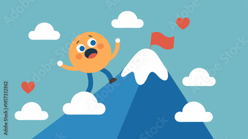 Anxiety Mountain Depict a character climbing a mountain made of likes and comments from social media feeling exhausted and anxious as they try to reach the summit of acceptance.