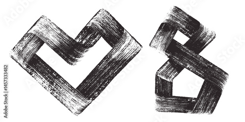 One black continuous abstract line. Straight lines drawn with a brush, irregular abstract shape, intersecting each other. Vector dry brush stroke with spray texture. Art poster stipple, brush stroke.