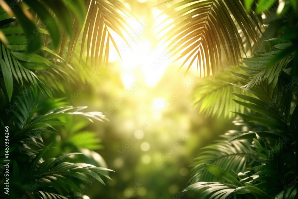 Naklejka premium Sunlight filtering through lush green jungle foliage