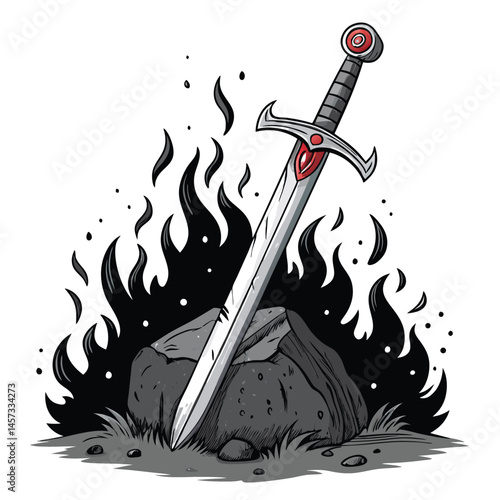 A gothic-style sword, deeply embedded in a weathered stone, encircled by ominous, swirling shadows.  Intricate details on the blade and stone are visible.