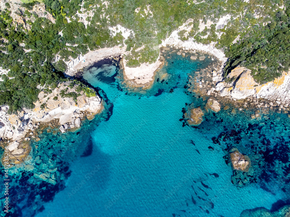 Aerial view of Cala Cumpultittu shoreline in springtime