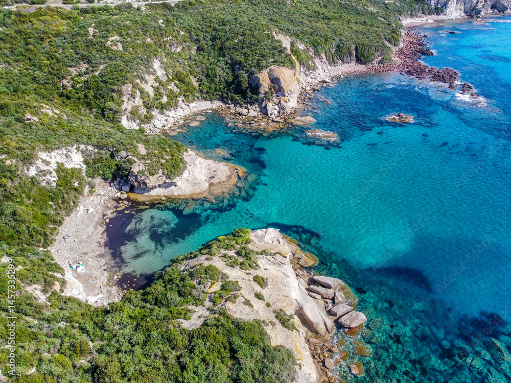 Aerial view of Cala Cumpultittu shore in springtime