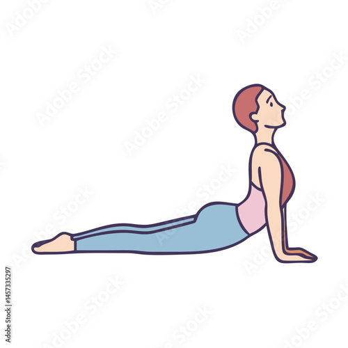 Illustration of woman practicing yoga pose for fitness and wellness, upward facing dog pose