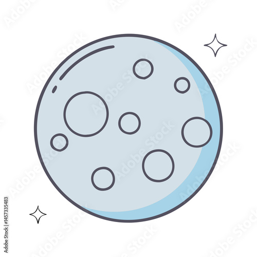 Cartoon moon illustration with craters and stars, space exploration and astronomy concept art