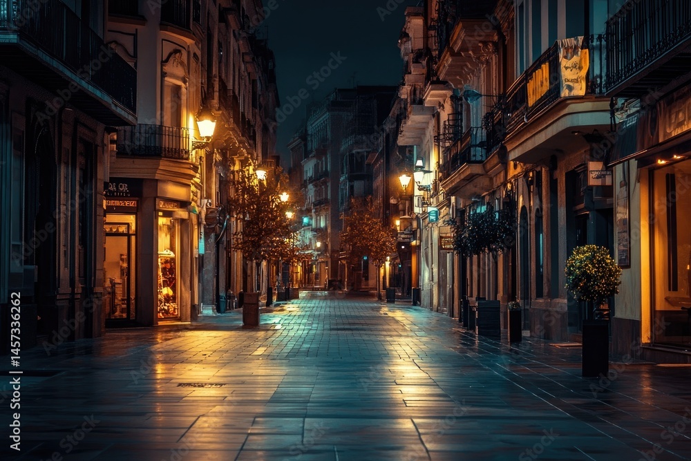 Empty city street at night, lit by warm lights. Buildings line both sides, shops visible. A quiet, peaceful atmosphere Empty city street at night, lit by warm lights. Buildings line both sides, shops visible. A quiet, peaceful atmosphere