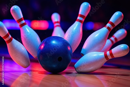 A striking close-up of a bowling ball knocking down pins, illuminated by colorful neon lights, showcasing the thrill of the game.