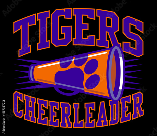 cheerleader team design with megaphone, tigers and paw print for school, college or league sports