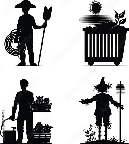 Vector gardening agriculture farming silhouette set collection design elements and icons illustration