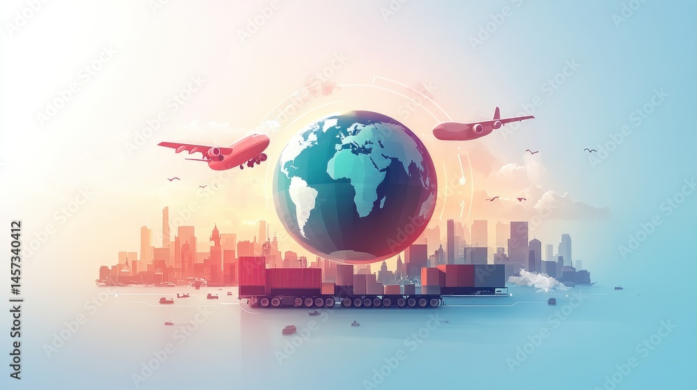Naklejka premium Sustainable logistics illustration with a globe and carbon-neutral transportation modes, simple one-color backdrop 