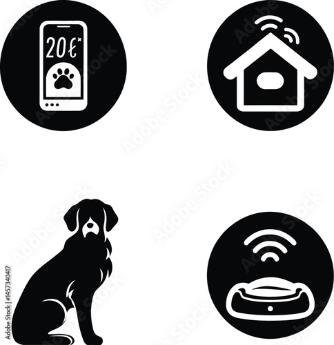 Dog care app smart home pet feeder kennel black and white vector illustration graphic design elements