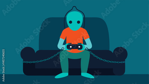 Controller Chains A person sitting on a couch with a game controller in hand their wrists wrapped in chains made from game controller wires symbolizing the feeling of being ped by