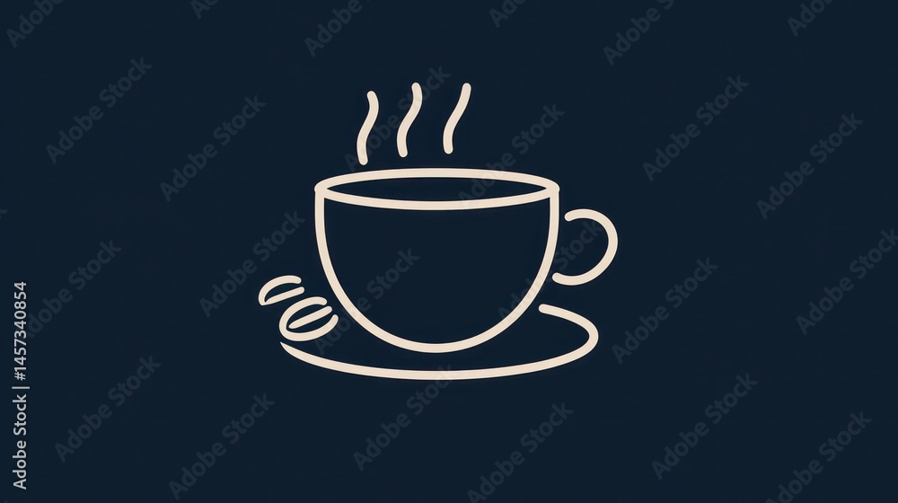Obraz premium Simple coffee icon with steam rising from a cup, next to some beans, on a dark background