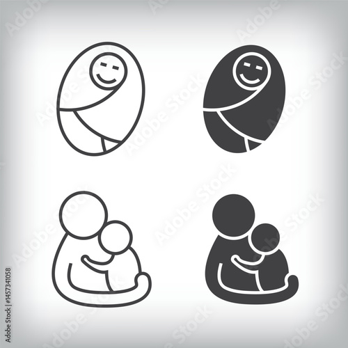 Wrapped baby and baby look hug artistic design. Simple linear and flat artistic family icon set.