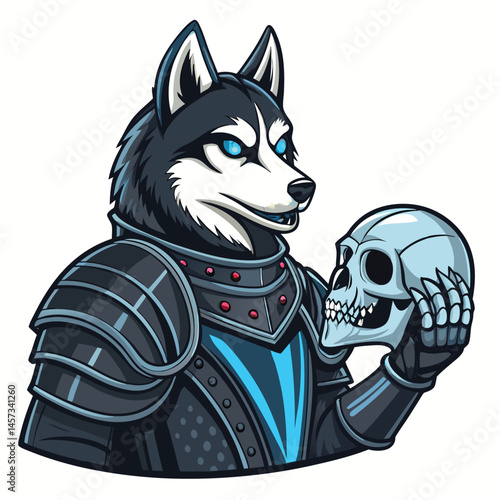 A majestic Siberian Husky, clad in detailed gothic knight armor, gripping a human skull, set against a dark, moody background.  Gl (1) refers to a specific image variation.
