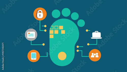 Digital Footprint A large footprint made of digital symbols like ones and zeros locks and keys stepping over personal information representing the trace we leave online.