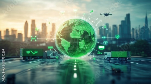 Eco-friendly world globe with green logistics symbols, surrounded by electric trucks, ships, and drones, single-color background 