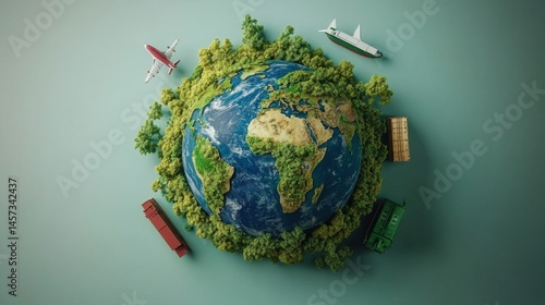 Earth globe with electric planes, cargo trains, and green ships, designed for export sustainability, single-color background 