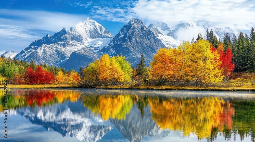 Obraz premium Autumn lake reflection with snow capped mountain