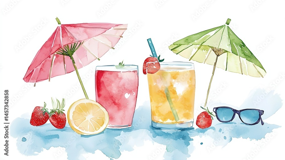 A colorful drink with a straw and a lemon slice is served in a glass
