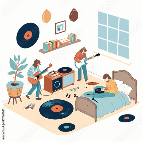 A lofi hip-hop band, casually jamming in a cozy bedroom studio, surrounded by vinyl records and vintage audio equipment.  Warm lighting, intimate setting.