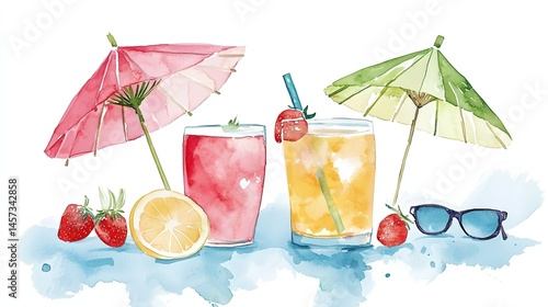 Obraz na płótnie A colorful drink with a straw and a lemon slice is served in a glass w salonie